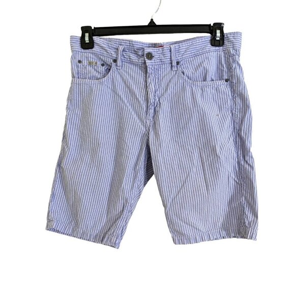 Mens Size 33 Shorts Blue Seersuck Striped Casual Bermuda Walking Pockets - Picture 1 of 9